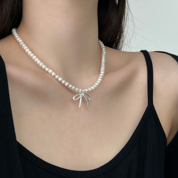 BOW PEARL | SILVER NECKLACE