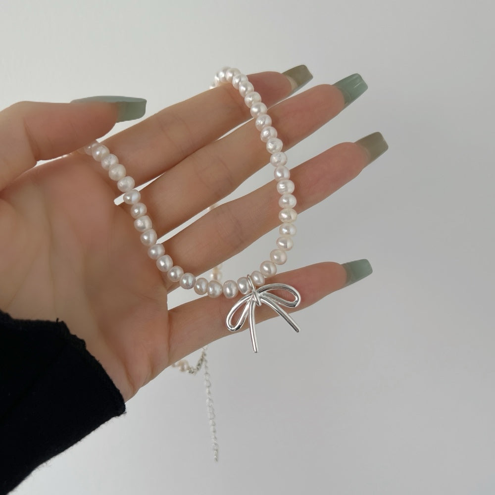 BOW PEARL | SILVER NECKLACE